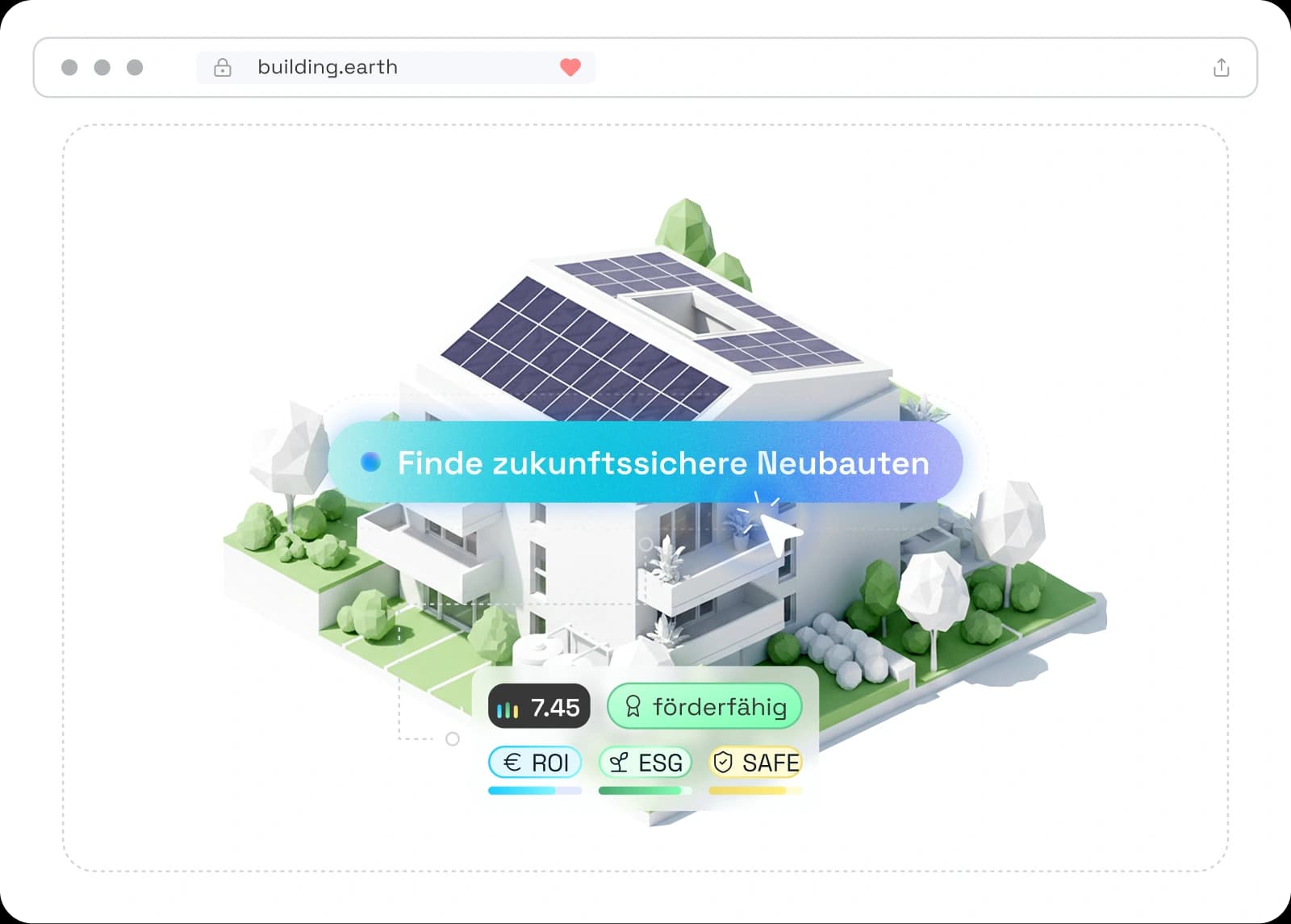 Neubauwohnungen finden. - Bessere Entscheidungen treffen.: Visualisierung der building.earth Plattform Features für Building Score Analyse und KI-basierte Standortbewertung